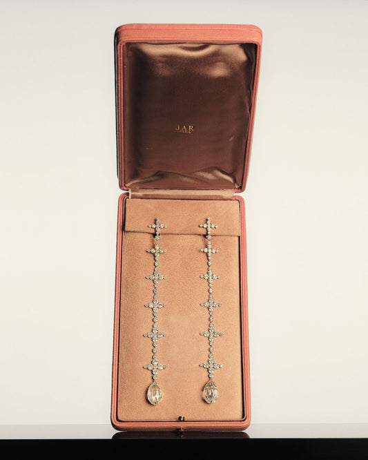 BRIOLETTE-CUT DIAMOND AND PLATINUM EAR PENDANTS